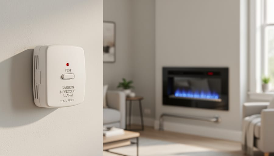 Carbon monoxide detector mounted on wall in home interior