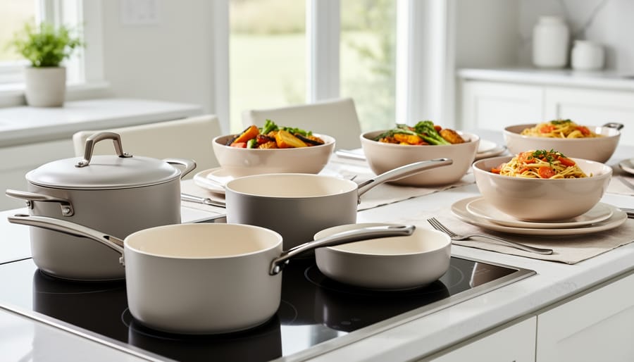 Ceramic pan without handle serving food directly at dining table setting