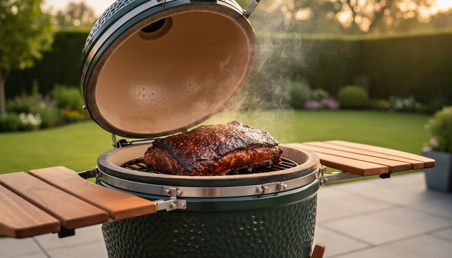 Smoked brisket with visible smoke ring cooking on ceramic kamado grill