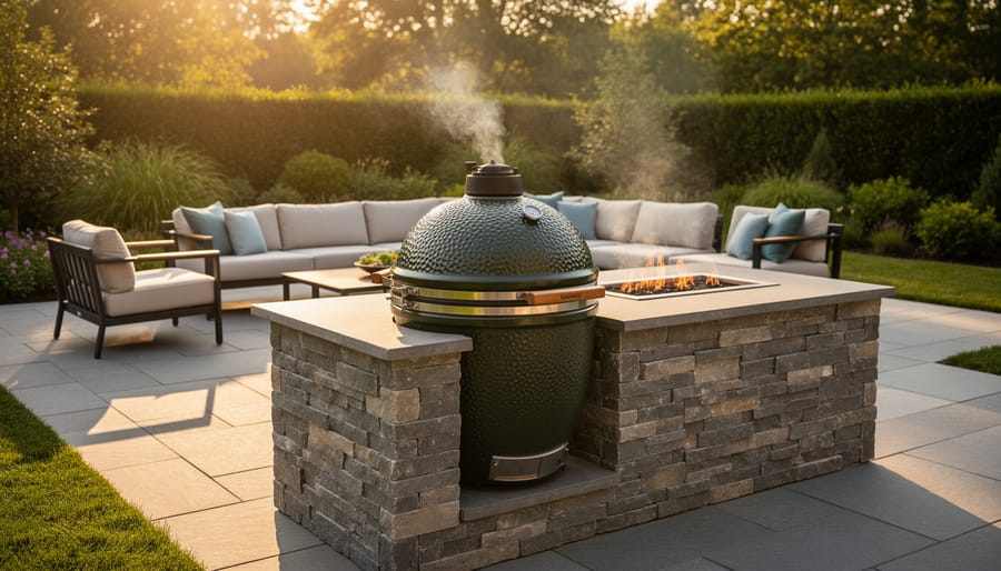 Ceramic kamado grill installed as permanent fixture in outdoor patio living area