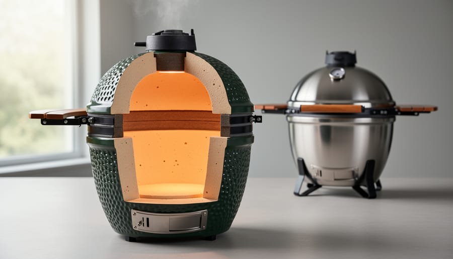 Close-up detail of thick ceramic wall material in kamado grill construction