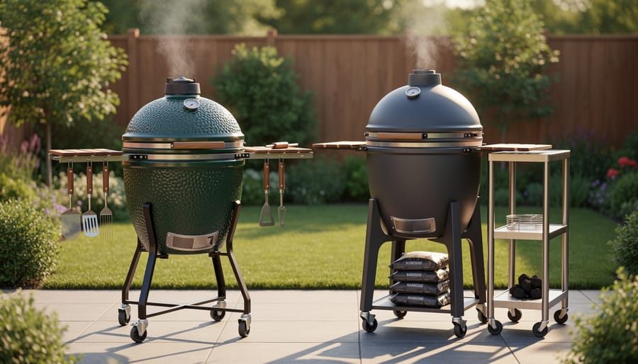 Ceramic and metal kamado grills positioned side by side on outdoor patio