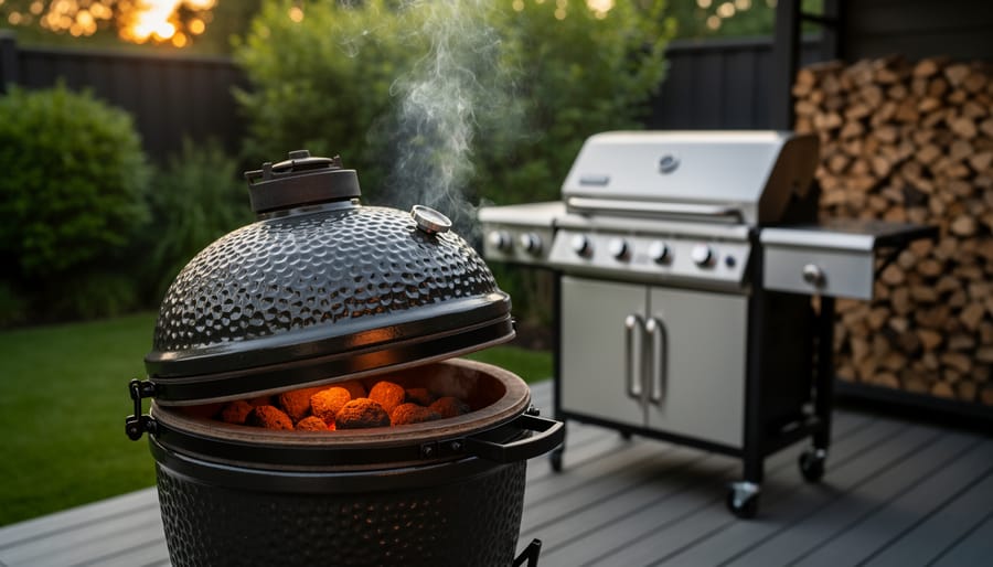 Ceramic kamado grill in the foreground with lid slightly open revealing thick ceramic rim and glowing lump charcoal, with a metal kamado softly blurred in the background on a backyard patio at golden hour.