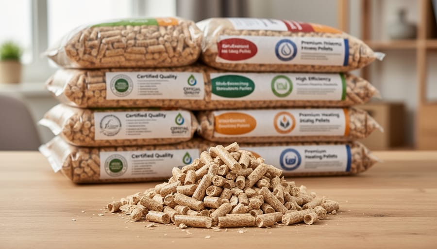 Close-up of wood pellets with certification logos visible on packaging in background