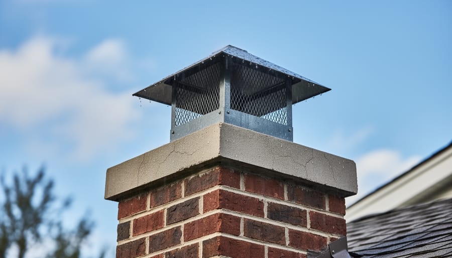 Chimney crown and metal cap on top of brick chimney