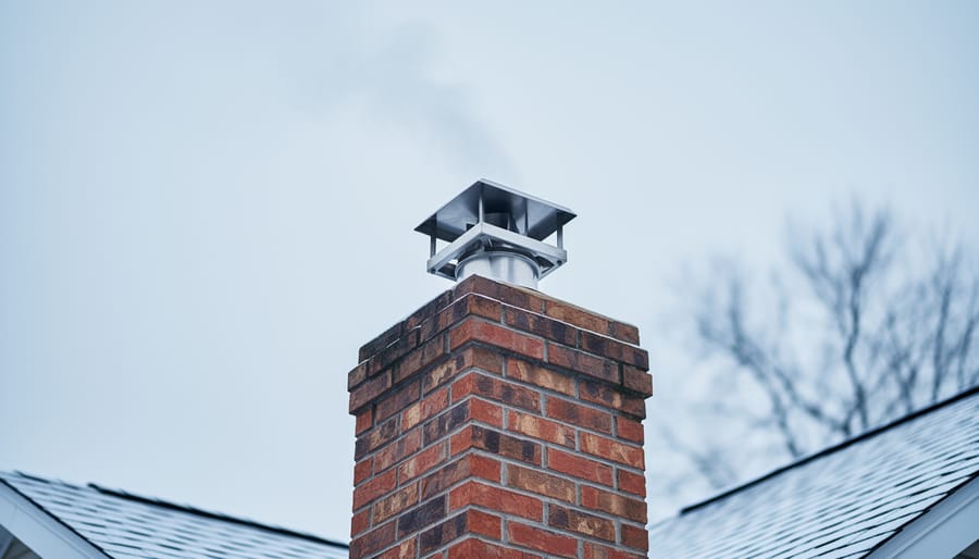 Low-angle view of a brick chimney with a stainless steel draft fan venting light smoke on a winter day, with the roofline and leafless trees softly blurred in the background.