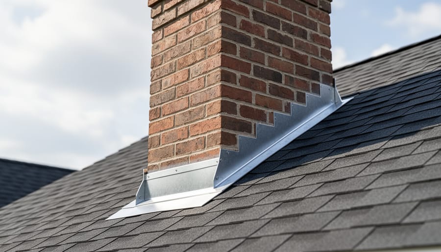 Metal flashing installation where brick chimney meets roof shingles