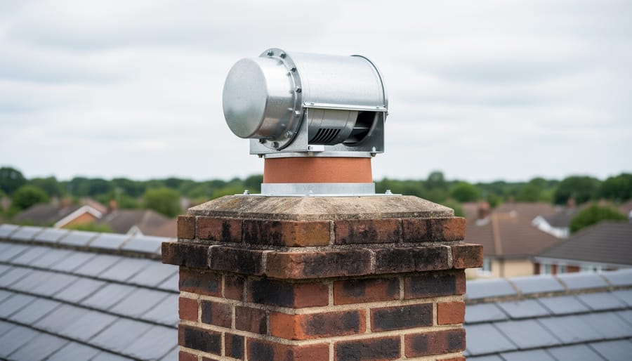 Stainless steel chimney draft fan installed on top of brick chimney