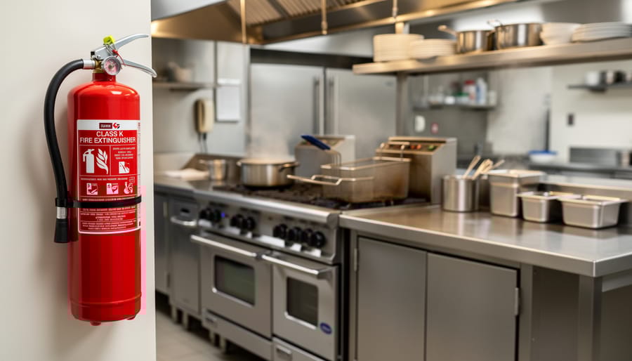 Class K fire extinguisher mounted on kitchen wall near stove