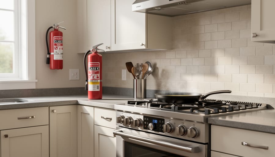 Class K fire extinguisher mounted on a wall next to a gas stove in a modern home kitchen, with a skillet on the burner and soft natural light.