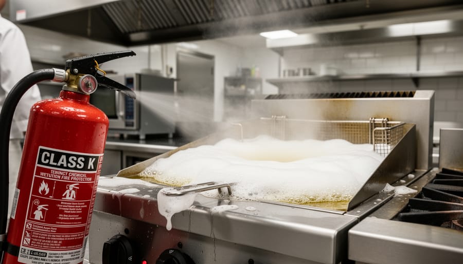 Demonstration of Class K extinguisher foam application on cooking surface