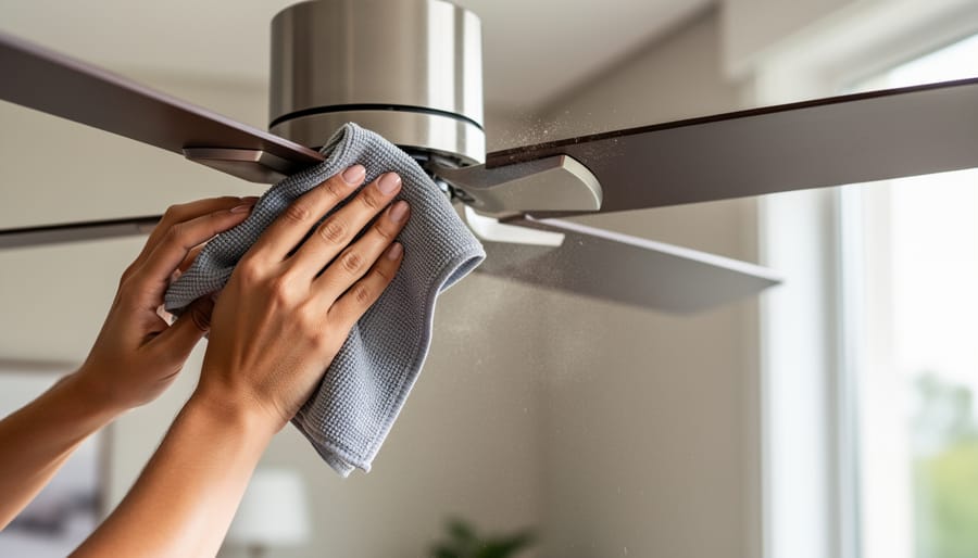 Person wearing work gloves cleaning bathroom fan blades with microfiber cloth