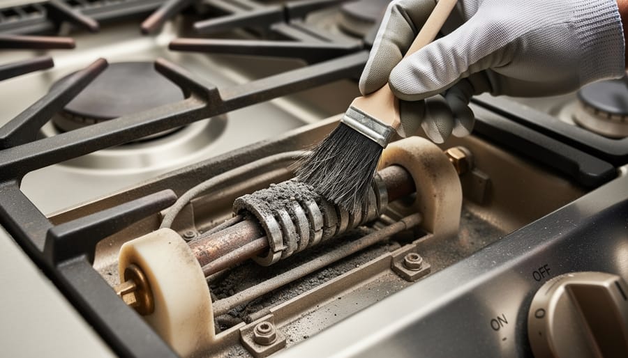 Close-up of gas stove igniter being cleaned with small brush to remove debris