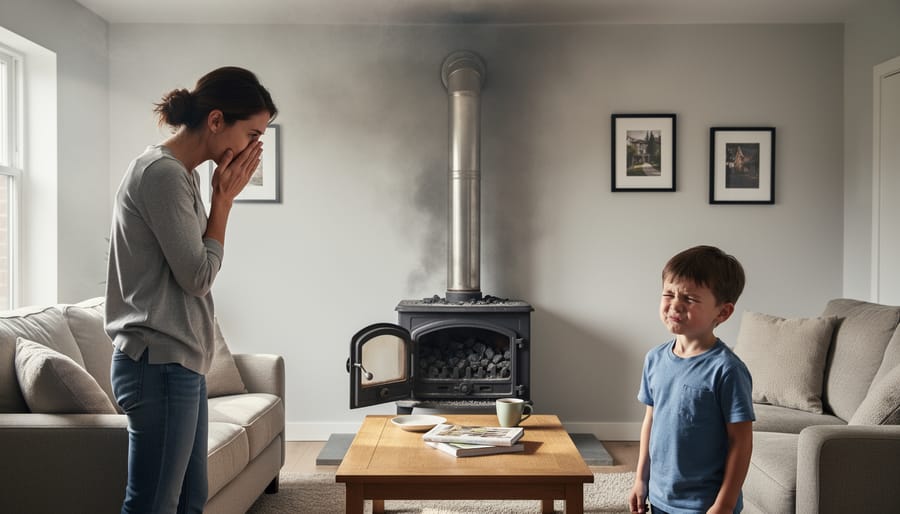 Smoke coming back into room from coal stove indicating poor draft