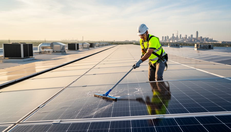 Technician in safety gear cleaning rows of solar panels on an industrial rooftop at golden hour, with HVAC units and a distant skyline visible.