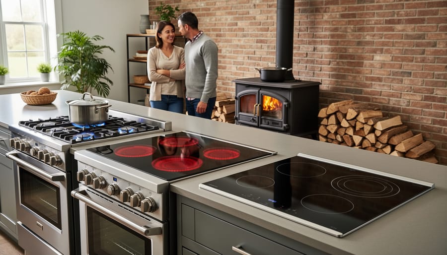 Various types of stoves displayed in modern kitchen showroom