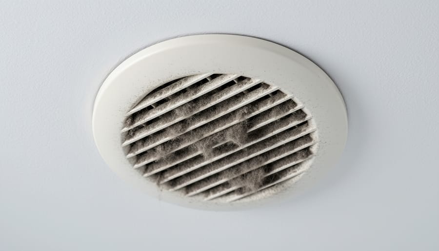 Dirty bathroom exhaust fan grille covered with dust and lint buildup