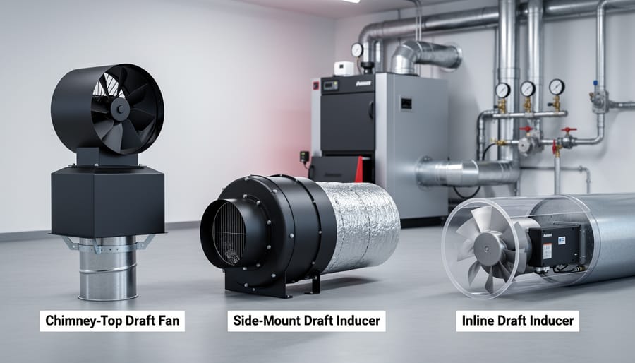 Three types of chimney draft fans displayed showing design variations