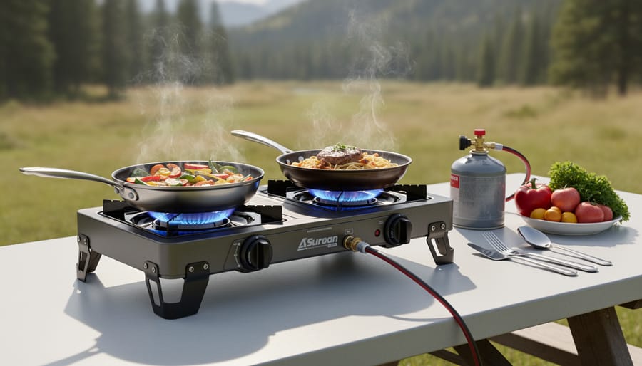 Two-burner portable gas stove with pots cooking outdoors on wooden table