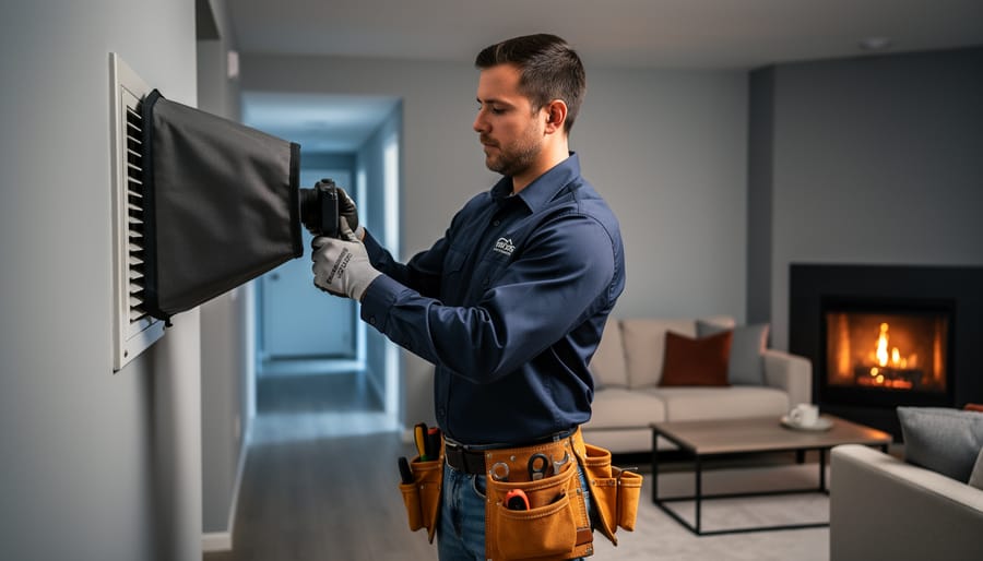HVAC technician using an airflow capture hood to measure a wall vent in a living room, with warm fireplace light on one side and a cooler hallway in the background.