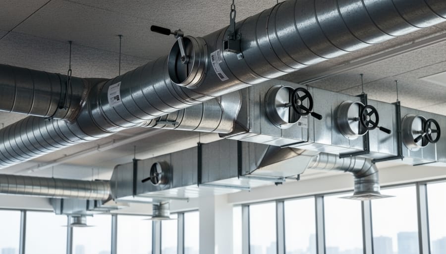 Close-up of adjustable damper mechanism in residential HVAC ductwork