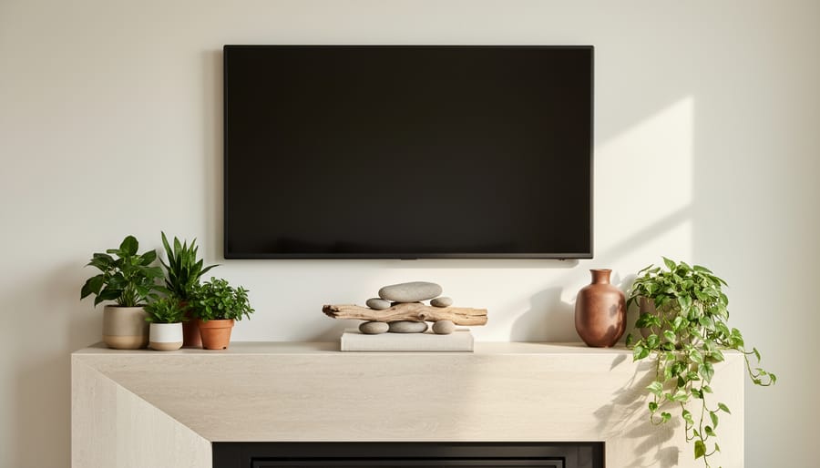 Living room fireplace mantel decorated with potted plants and natural wood pieces with TV mounted above