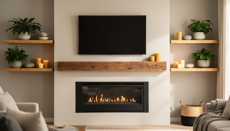 Straight-on view of a living room fireplace wall featuring a slim TV above an energy-efficient fireplace insert, reclaimed wood mantel, bamboo floating shelves with greenery, ceramic planters, stone accents, and beeswax candles; hidden cords; warm daylight; seating and woven basket softly blurred in the background.