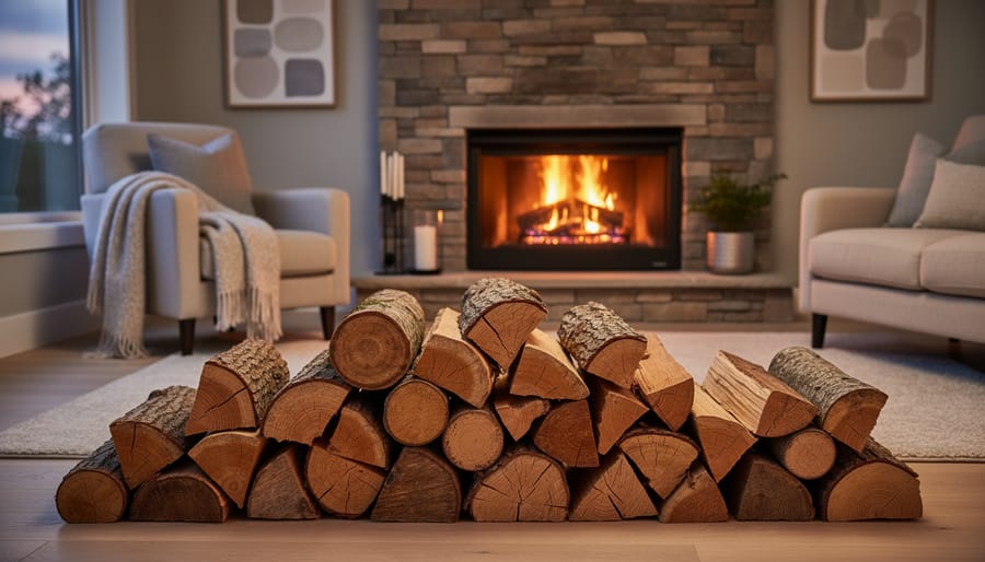 Active fireplace burning hardwood with bright flames in cozy living room