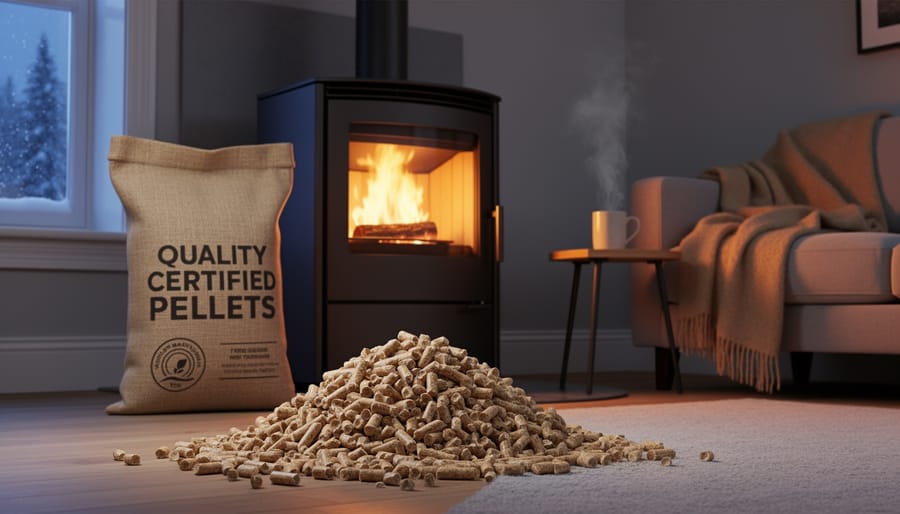 Homeowner relaxing in living room with pellet stove burning efficiently