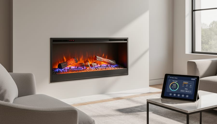 Close-up of modern smart electric fireplace insert showing realistic flame effects and ember bed