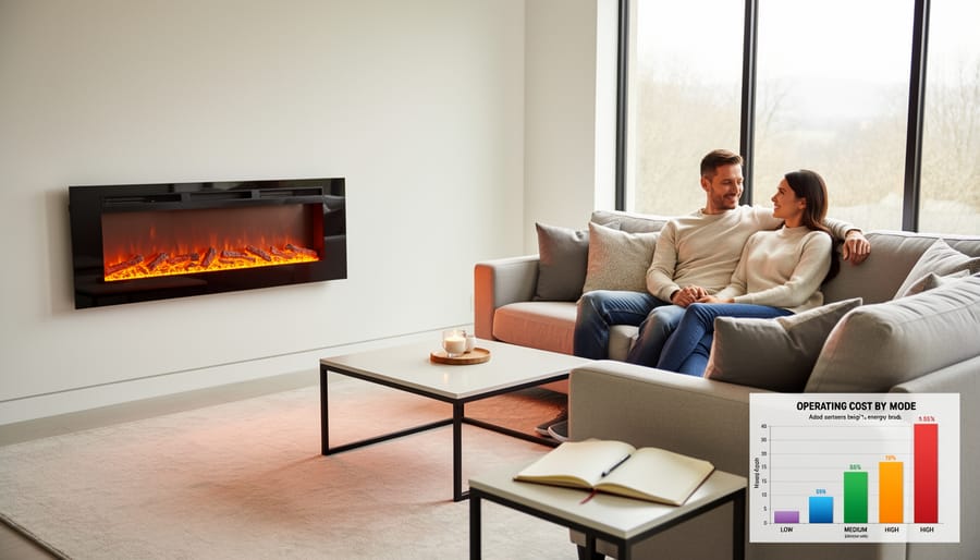 Modern electric fireplace with realistic LED flames glowing in a cozy living room setting