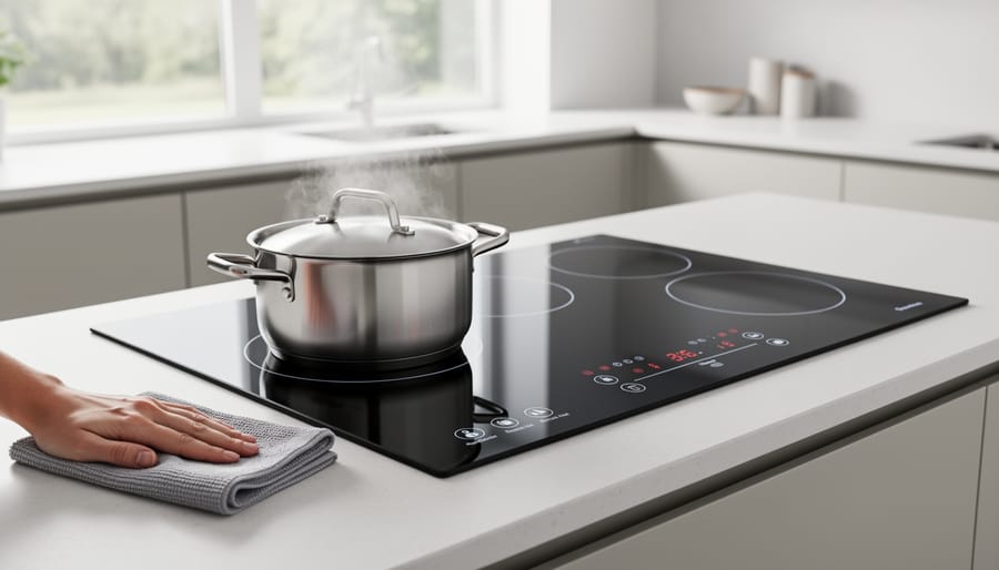 Overhead view of induction electric stove with glowing cooking zones and cookware