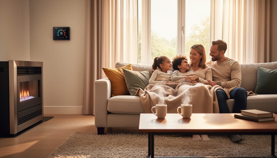 Family relaxing in warm living room with gas fireplace providing ambient heat