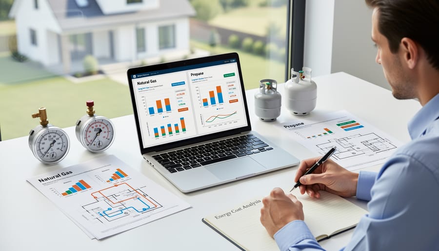 Calculator and utility bills on desk representing fire pit fuel cost comparison
