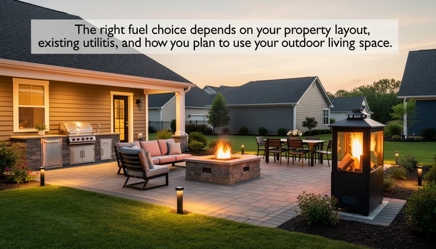 Complete backyard patio setup with fire pit showing outdoor living space design