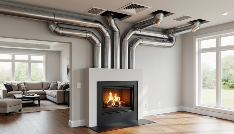 Living room interior showing fireplace and HVAC vent working together