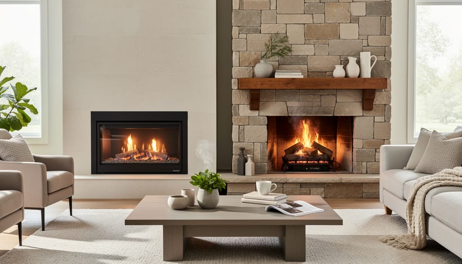 Side-by-side comparison showing gas fireplace thermostat control and wood stacking for traditional fireplace