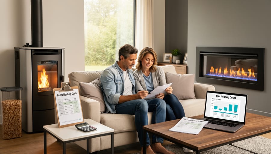 Person reviewing heating costs with calculator while pellet fireplace burns in background