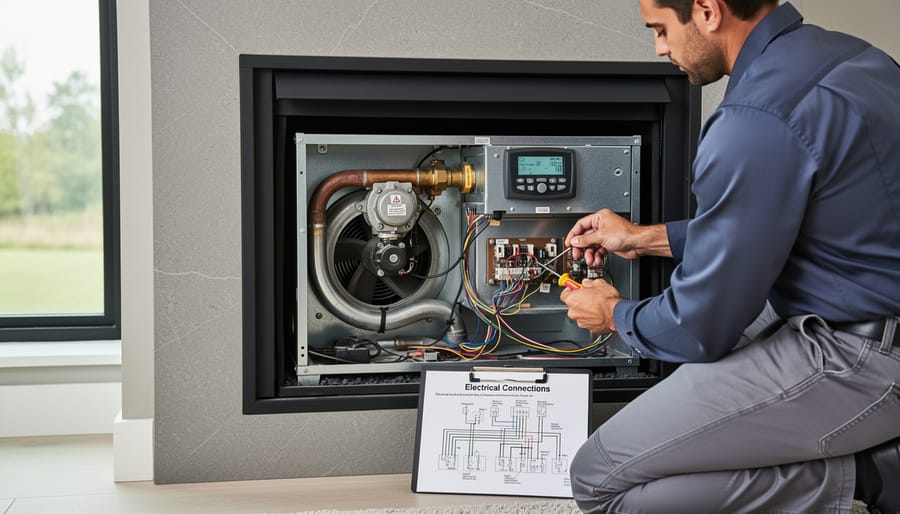 Interior view of gas fireplace showing electrical control panel and wiring components