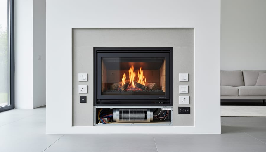 Electric fireplace installation showing electrical outlet and wiring components on wall