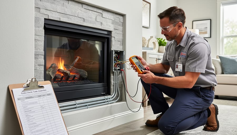 Electrical inspector examining residential fireplace installation with tools