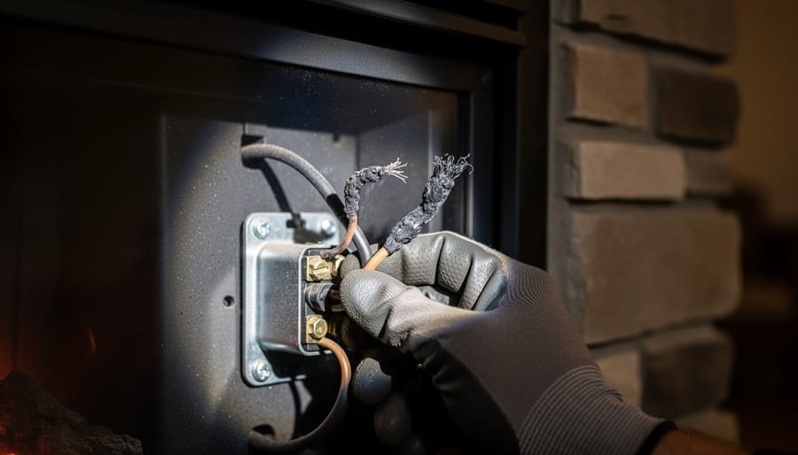 Gloved hand with flashlight examines frayed wires and faint scorch marks inside a gas fireplace control compartment beside a metal junction box, with the hearth softly blurred in the background.