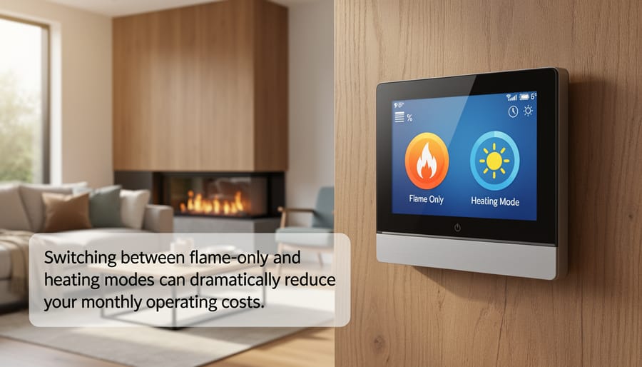 Hand adjusting electric fireplace controls showing flame-only and heat mode options