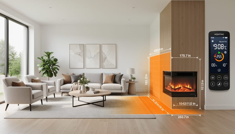 Electric fireplace appropriately sized for small bedroom space with room dimensions visible