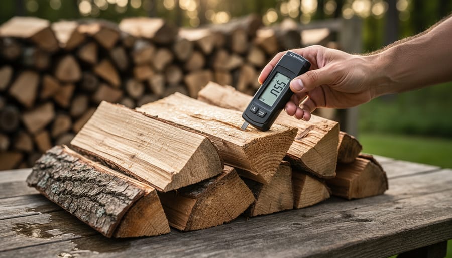 Moisture meter testing freshly split firewood log