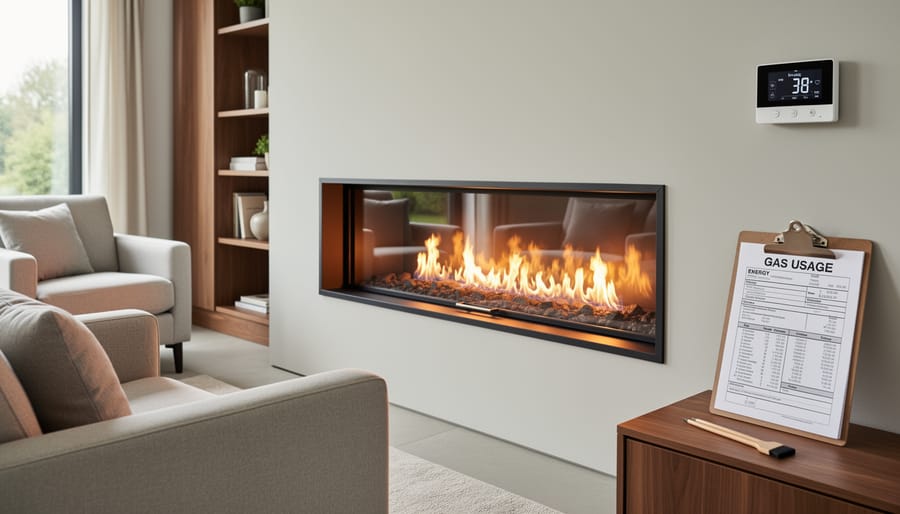 Gas fireplace with flames burning in modern living room setting