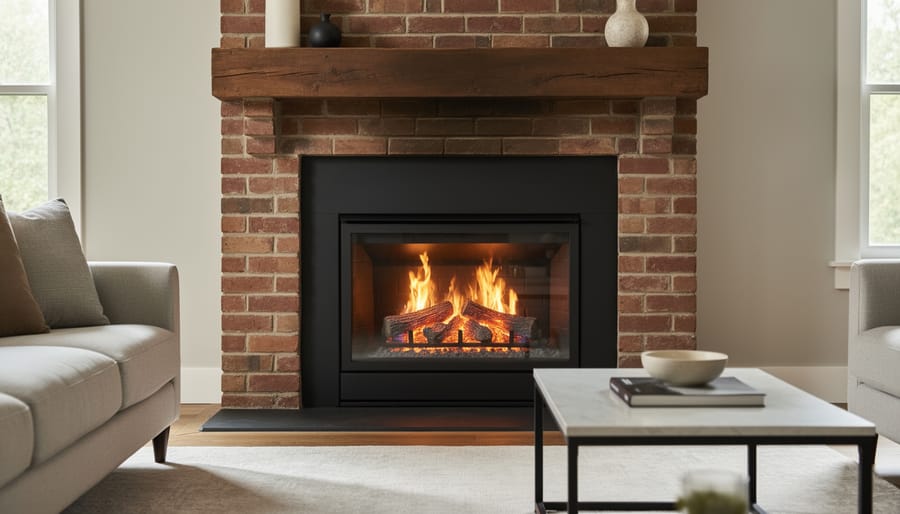 Gas fireplace insert installed in traditional brick fireplace with visible flames