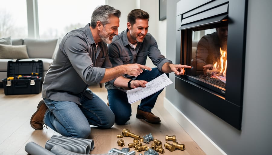 Homeowner and installer kneel in a living room examining a gas fireplace schematic, pointing toward the intended wall location, with concentric vent pipes and brass gas fittings on the floor and a toolbox softly blurred behind.