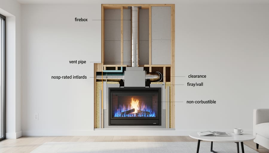 Modern gas fireplace installation showing firebox, glass front, stone surround and venting components