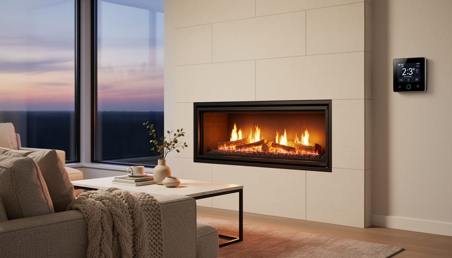Modern gas fireplace with natural-looking flames in contemporary living room